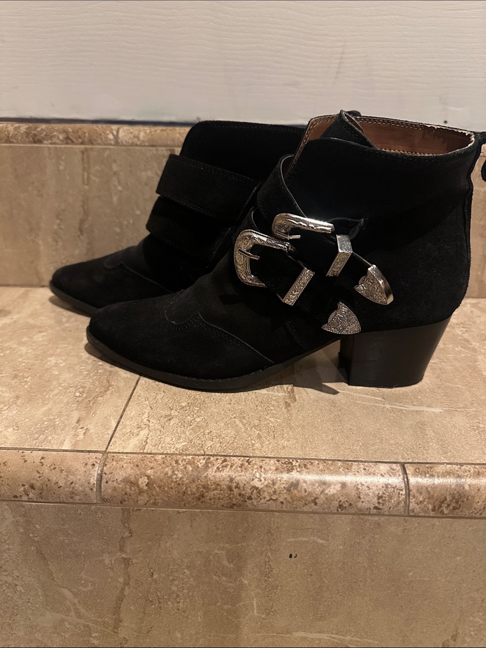 Topshop Black Suede Western Buckle Ankle Booties